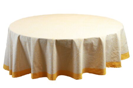 Green patterned 72-inch round table cloth on dining table