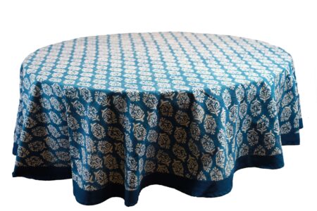 72-inch round table cloth with blue tree print design